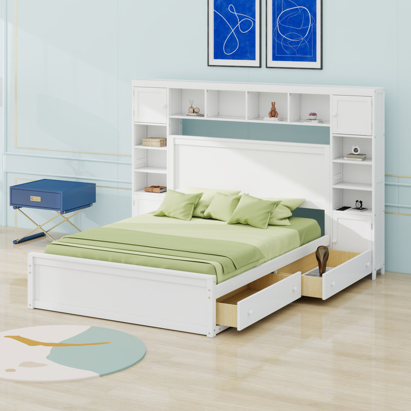 Lit en bois avec armoire tout-en-un, tablette et douilles, tiroirs, Blanc