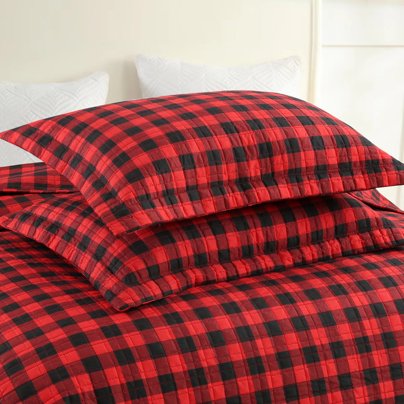 MarCielo 3 Pcs Christmas Red Buffalo Plaid Check Quilt Bedspread Set ME506, Queen Quilt + 2 Queen Pillow Shams