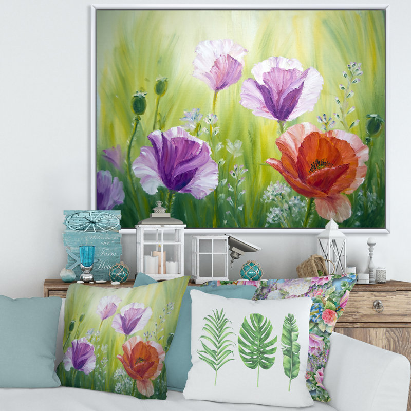 Blossoming Poppies In The Morning II - peinture sur toile, H 12 po x l 20 po x p 1 po, Cadre flottant blanc