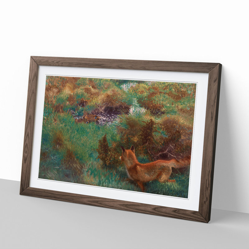 Fox Stalking Wild Ducks by Bruno Liljefors - Picture Frame Painting, Walnut Framed, 36cm H x 48cm W x 2cm D