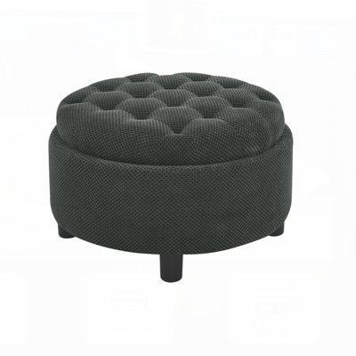 25Inch Round Storage Ottoman with Tray, Modern Tufted Fabric Circle Coffee Table, Upholstered with Removable Top for Living Room and Bedroom