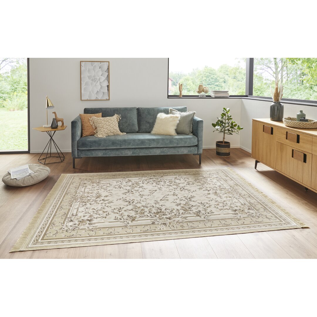 Flowers Orient Teppich - Orientalischer Kurzflor mit Fransen für Wohnzimmer, Esszimmer - Creme Beige