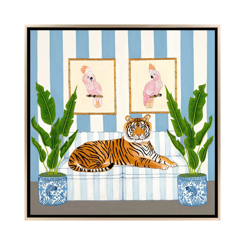 Tigre chinois avec pots de gingembre et cacatoès roses - reproduction d'art murale - toile encadrée, H 37 po x l 37 po