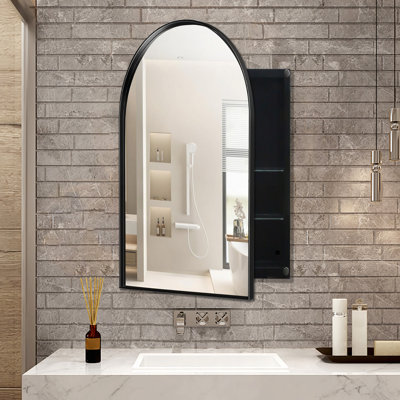 24-Inch Arch-Shaped Wall Mirror With Storage, Black Frame, 3.3-Inch Depth, Modern Bathroom Organizer