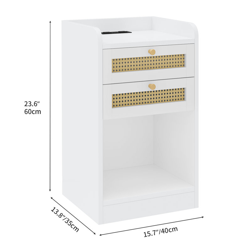 Table de chevet de style bohémien Charm Javonn 15,7 po avec ports de chargement et rangement (ensemble de 2), Blanc