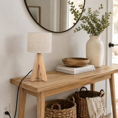Lampe de table trépied en bois naturel, petite lampe de chevet avec abat-jour en tissu blanc et ampoule E26 à 3 couleurs incluse