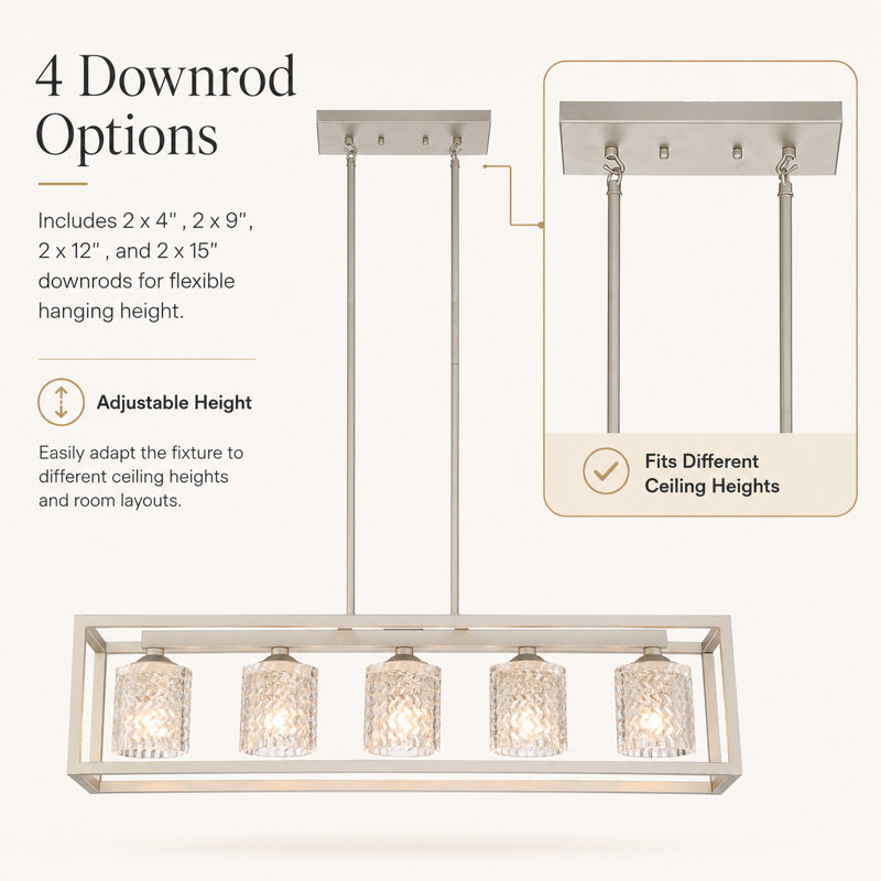 Lustre rectangulaire moderne en acier à 5 lumières pour îlot de cuisine Gerberoy, Étain satiné