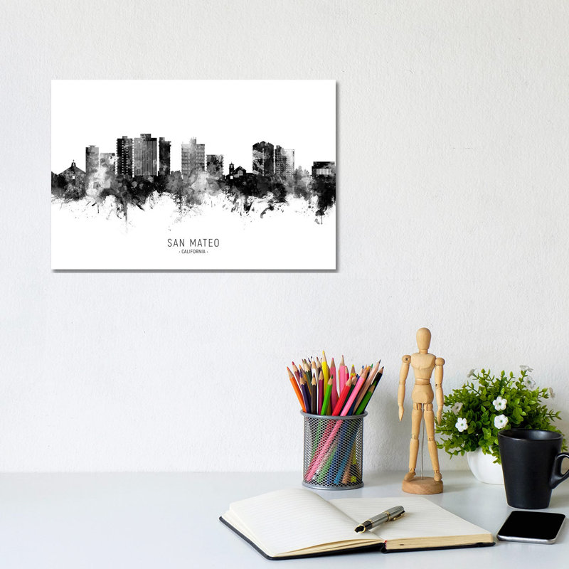 San Mateo California Skyline Name in Black and White by Michael Tompsett - 1 Piece Wrapped Canvas Wall Art