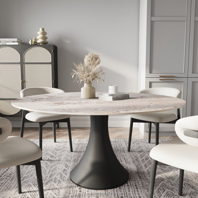 Table de salle à manger ronde en bois fritté brillant à effet marbre et piédestal en bois massif Jadelyn