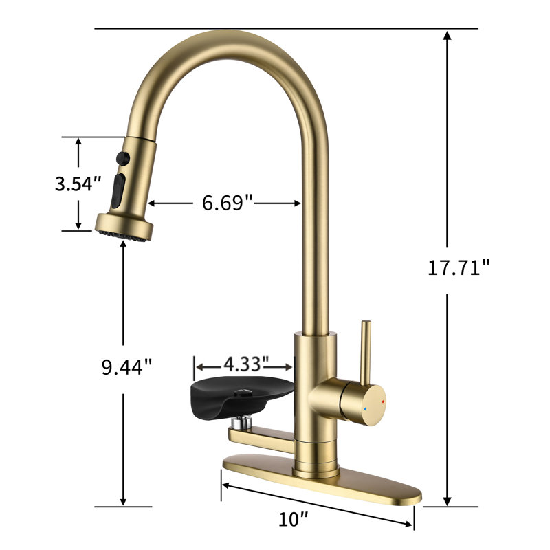3-in-1 Kitchen Faucet with Press-Type Glass Rinser, Universal for 1 & 3 Holes, High-Arc Pull-Down Sprayer with 3 Function Spray Mode, Brushed Gold Finish