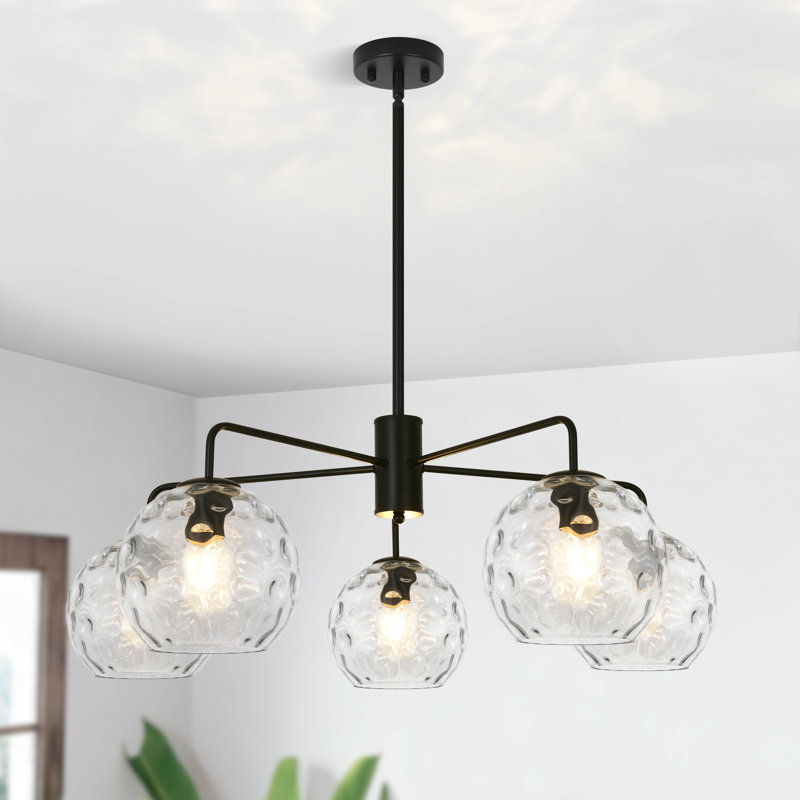 Luminaire suspendu 5 lumières avec abat-jour en verre nervuré pour salle à manger