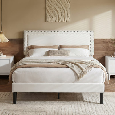 Full Size White Velvet Upholstered Platform Bed with Adjustable Headboard, Modern Bed Frame with Wood Slats, No Box Spring Needed