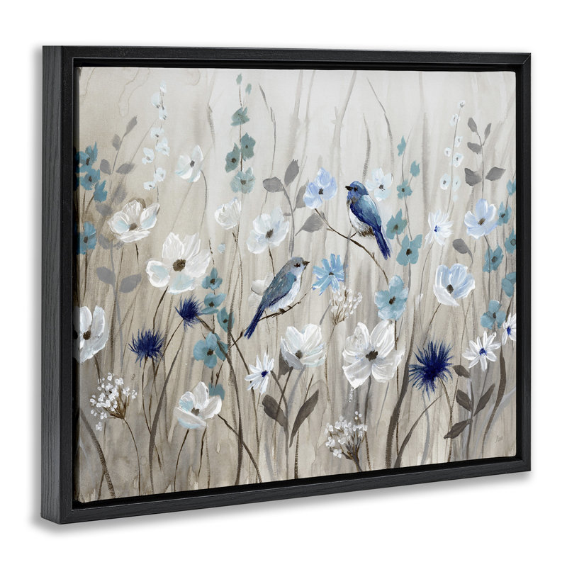 «Birds Floral Meadow Blossoms», toile encadrée flottante noire par Nan, H 17 po x l 21 po, Cadre flottant noir de jais