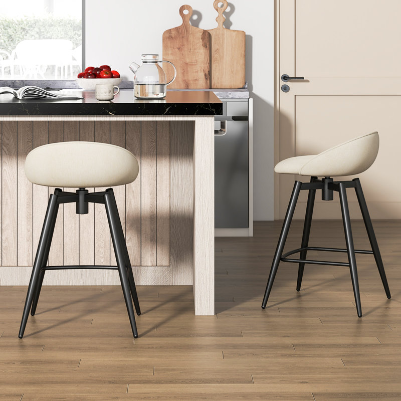  25'' Upholstered Bar Stools Set of 2 w/ Footrest Backrest & Metal Frame Beige, Beige