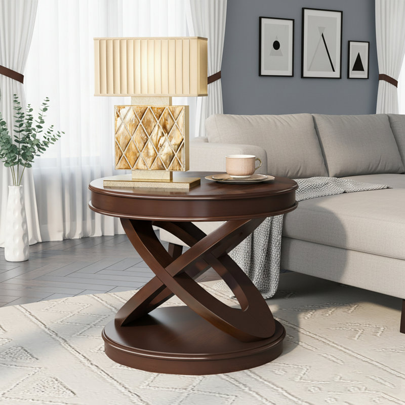 Retro Round Wooden End Table With X-Shape Base, Perfect For Family Dining Or Living Room, Walnut