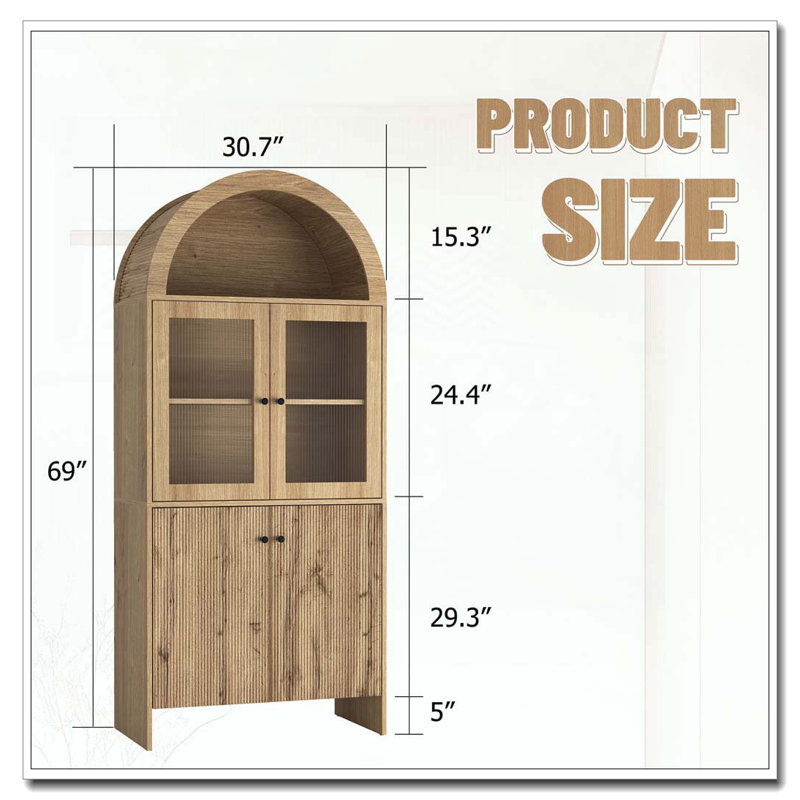 Arch Storage Pantry Cabinet with LED Lighting, Natural Wood