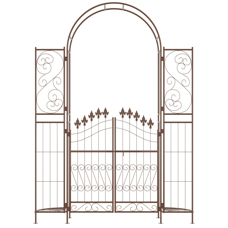 Brown Metal Garden Arbor with Fleur De Lis Motif and Gate