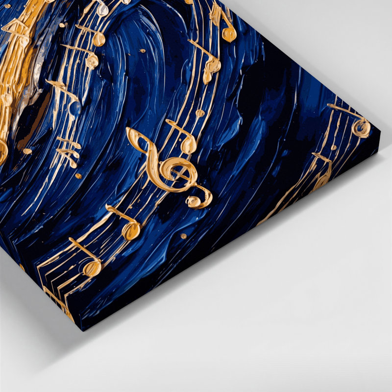 «Music» Notes et symboles musicaux sur toile bleue, H 24 po x l 36 po
