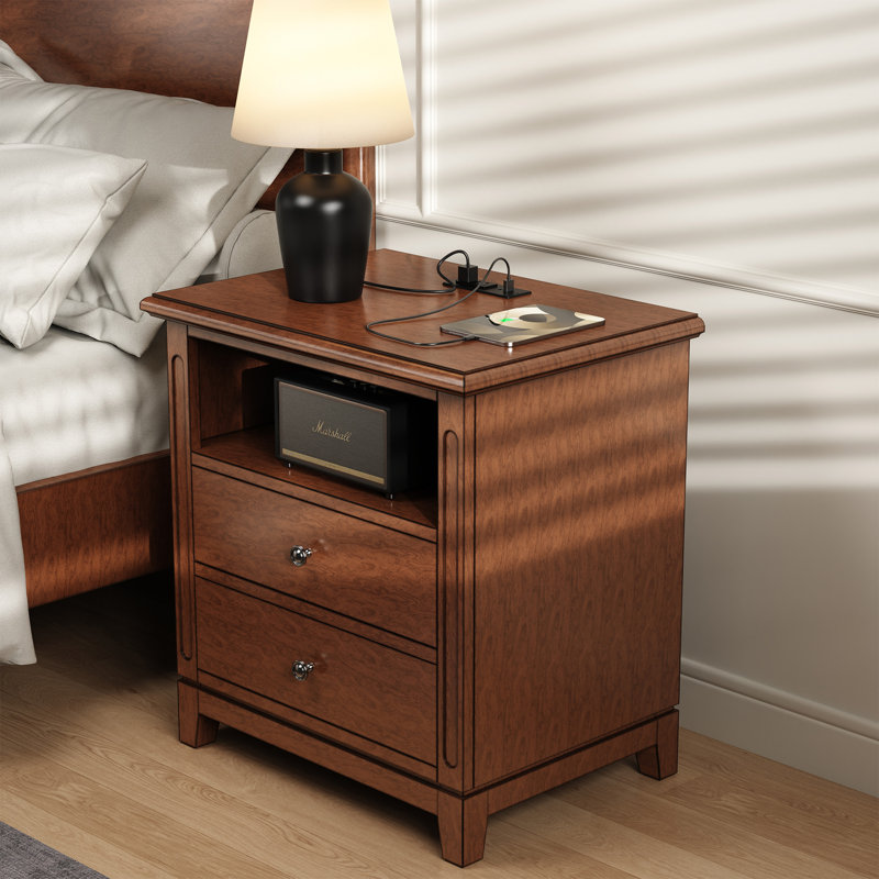 2 Drawers Solid Wood Construction Nightstand With Storage and Open Shelf, Built-In 2 Power Outlets, 1 USB Port, And 1 Type C Port
