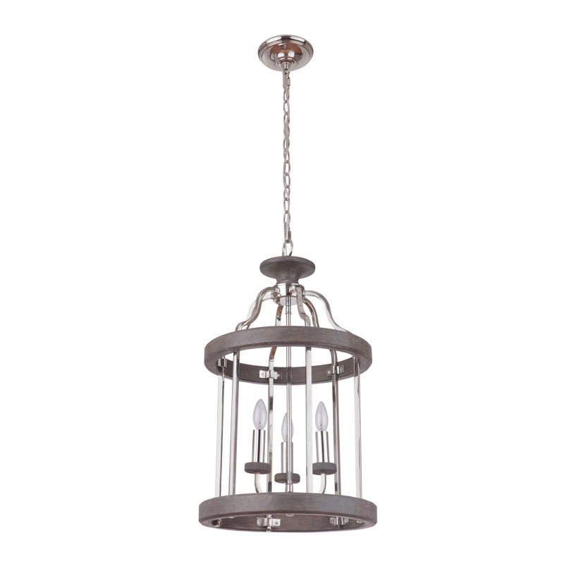Lustre cylindrique 3 lumières lanterne Arkaitz, Nickel poli / bois gris