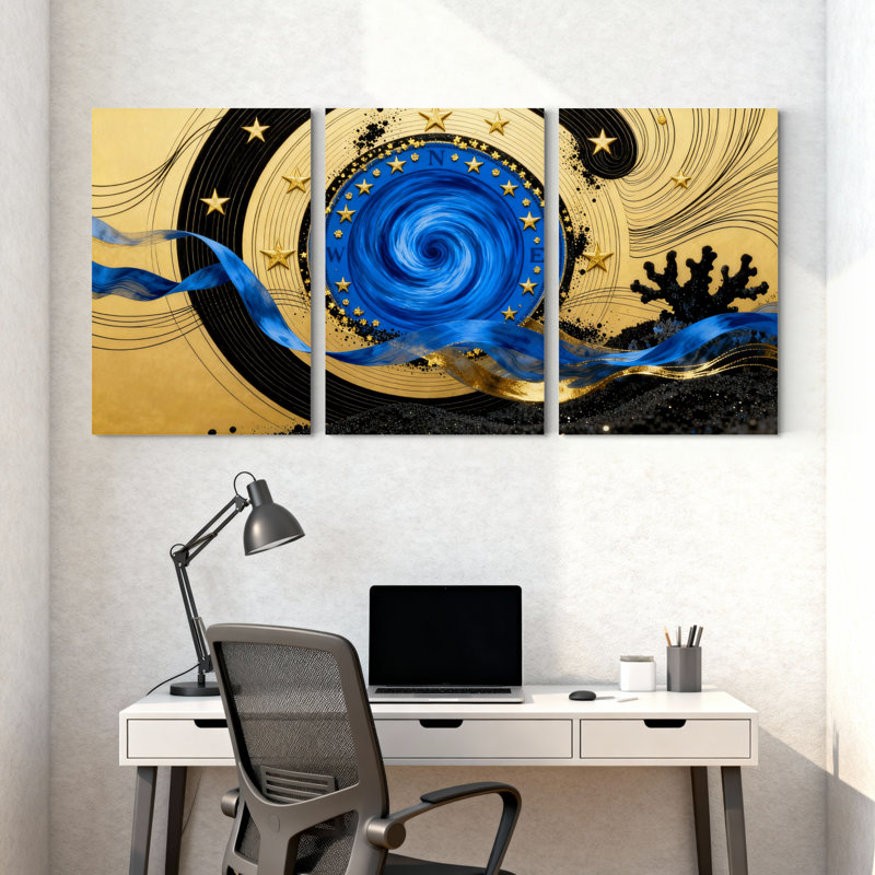 «Blue Spiral Stars», ensemble de 3 impressions sur toile, H 18 po x l 36 po