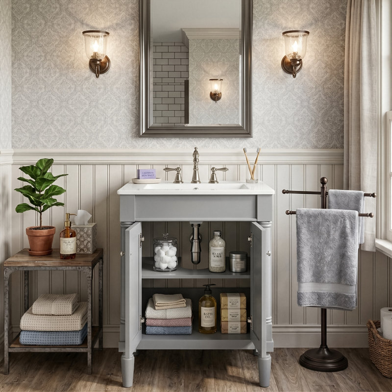 Meuble-lavabo autoportant 24 po avec lavabo en céramique, armoire de rangement avec cadre en bois massif et tablette de rangement 24 po