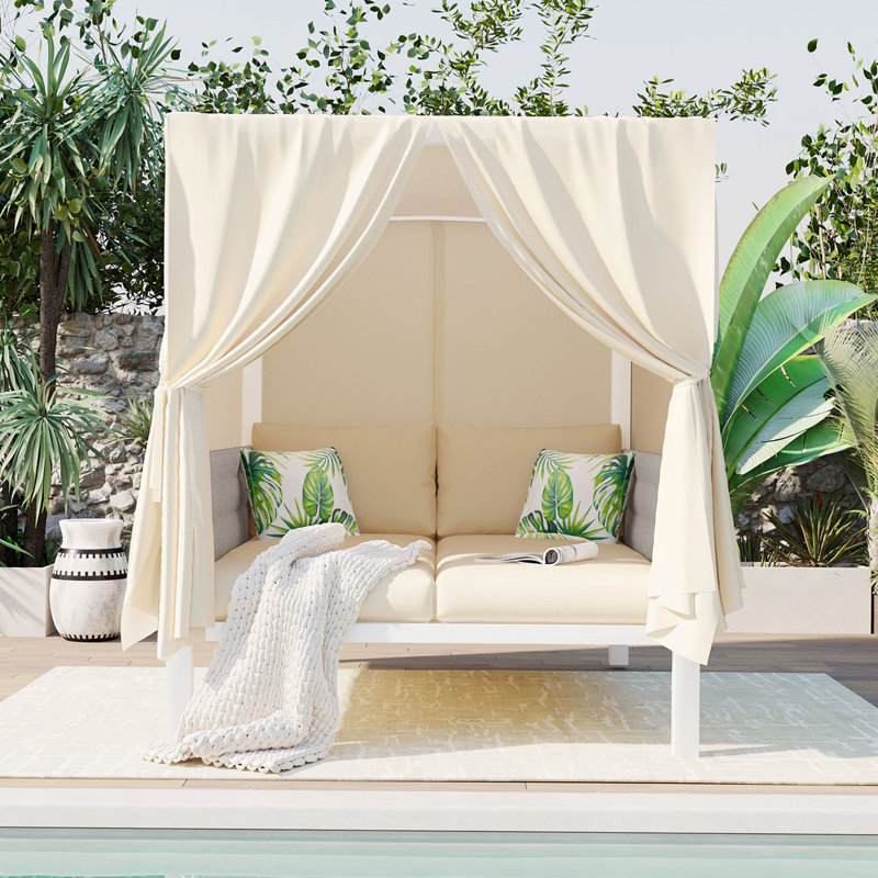 Lit de bronzage d'extérieur avec rideaux, Beige