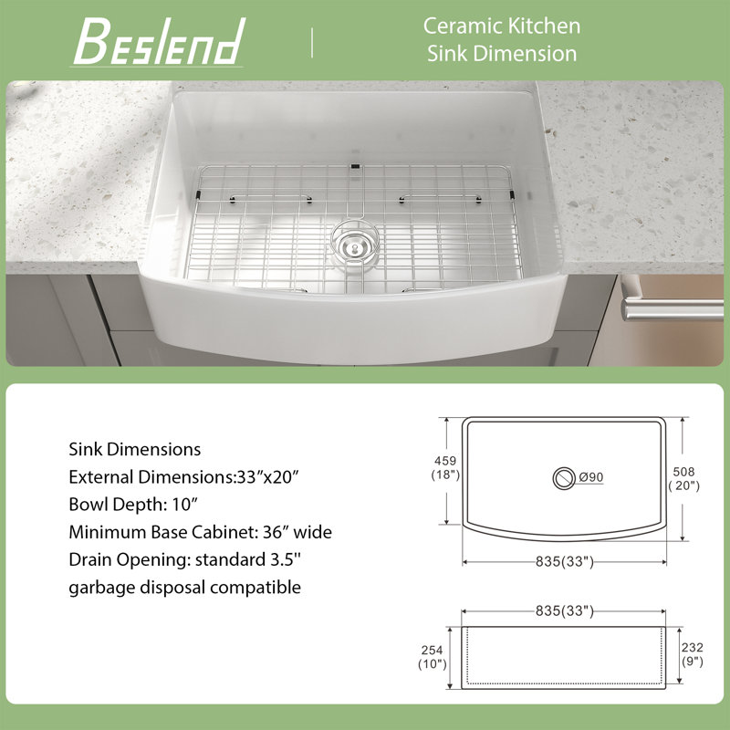 Évier de cuisine en argile réfractaire 33 po x 33 po L 33 po x l 20 po