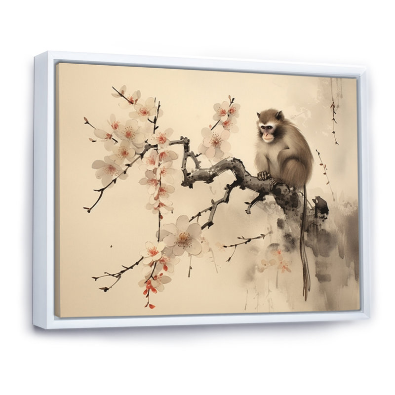 Lynnix Asian Art Monkey I, reproduction d'art sur toile, Cadre flottant blanc, H 24 po x l 32 po x P 1 po
