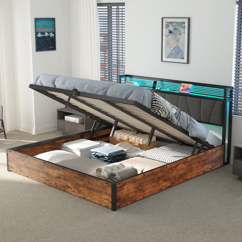 Shila Lift Up Bed with Linen Upholstered & LED Storage Headboard, Full, Gray