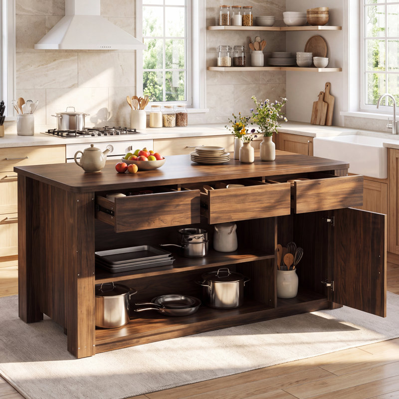 Îlot de cuisine 70,87 pouces avec 3 tiroirs, armoire et tablettes ouvertes, finition grain de bois rétro