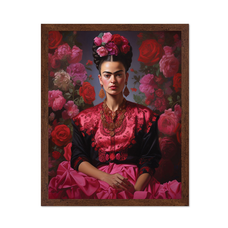 Portrait floral rose Frida, Poster, 18"H x 24"W, Brown Framed