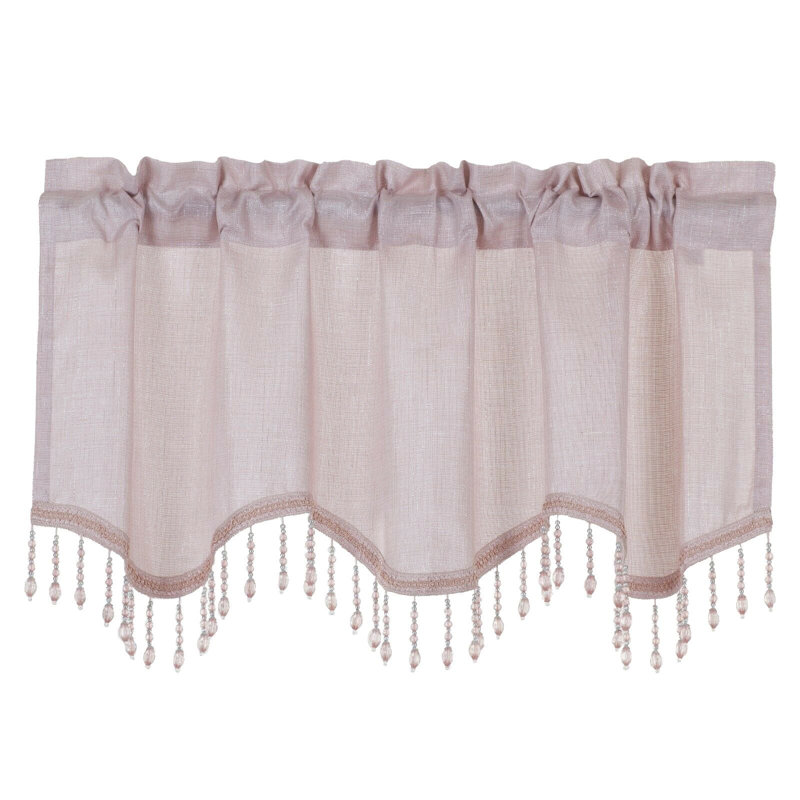 Kate Aurora 1 Piece Moroccan Sparkle Rod Pocket Semi Sheer Voile Beaded Trim Window Valance, Pink