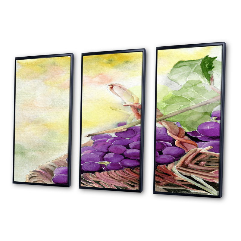 Bouquet de raisins mauves - ensemble d'art mural sur toile encadré traditionnel de 3, H 28 po x l 36 po x P 1 po, Noir