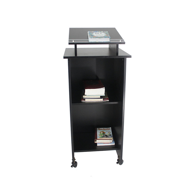 Black Wood Mobile Podium with Wheels and Storage