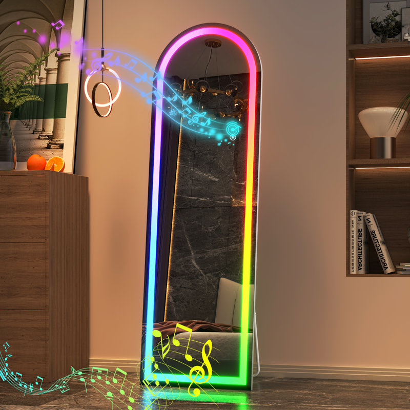 Miroir pleine grandeur arche à DEL RVB Bluetooth avec support, 7 modes d'éclairage couleur, miroir complet avec cadre blanc pour chambre à coucher, salon, vestiaire