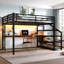 Grand cadre de lit mezzanine avec bureau et avec escalier de rangement, cadres de lit mezzanine en métal avec lumières à DEL, avec ports de charge USB, filets en fer multifonctionnels et silencieux, finition noire-1394274735