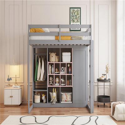 Lit mezzanine simple en bois avec garde-robe, tablettes et armoire pour une utilisation efficace de l'espace et une esthétique moderne dans les petites chambres ou les espaces partagés