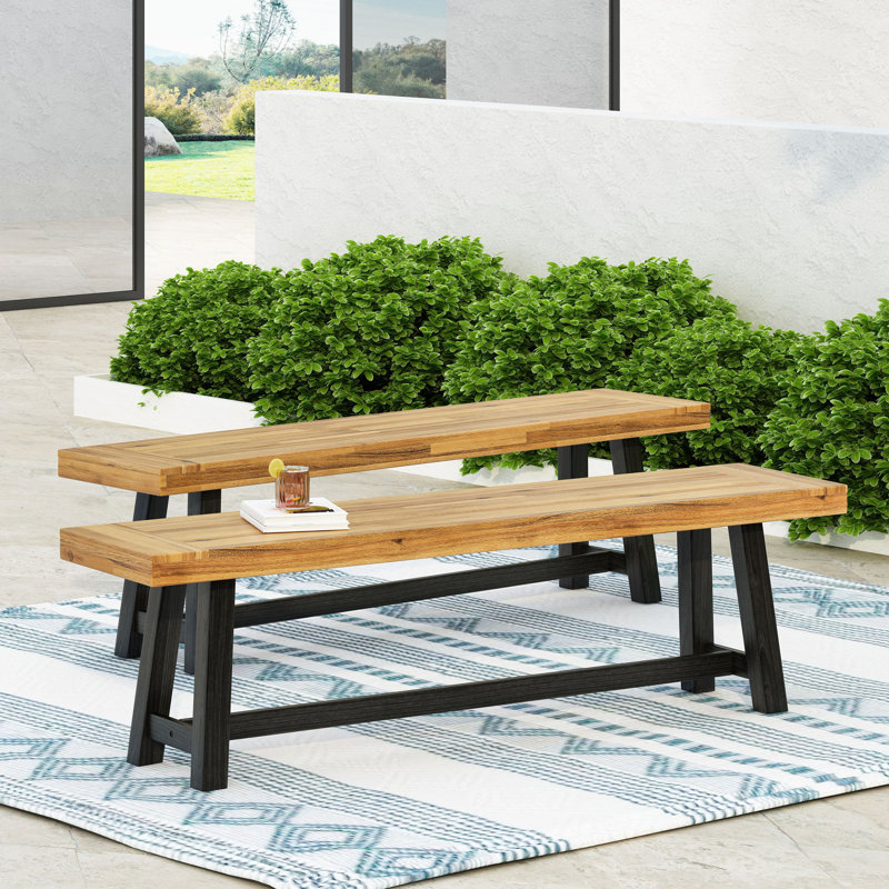 Banc d'extérieur en acacia, finition teck sablé et noir, ensemble de 2 pièces, Teck / Noir