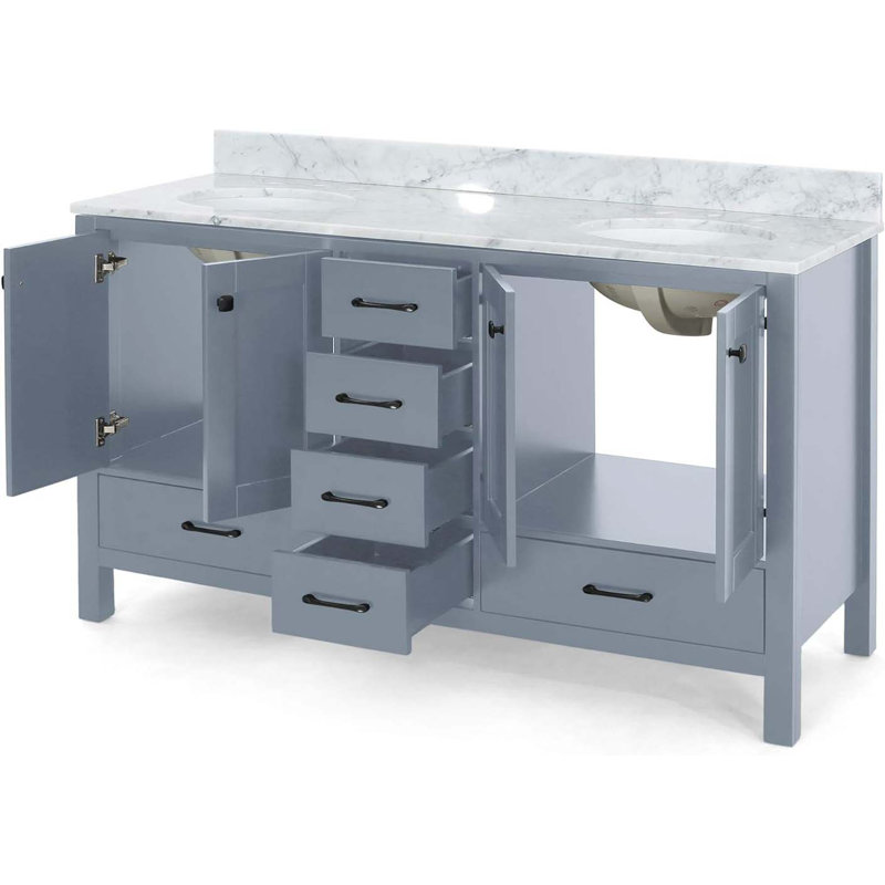 Meuble-lavabo 73 po avec comptoir en marbre et deux lavabos en céramique, 4 portes, 6 tiroirs, Gris