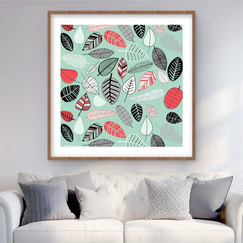 Motif de feuilles turquoise - imprimé encadré mat pour chambre à coucher corail