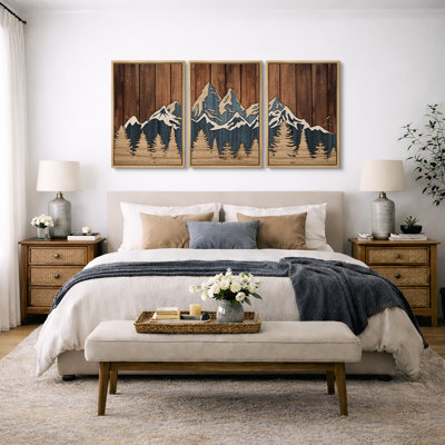 Western Wood Effect Landscape "Brown Abstract Mountain Forest Artwork, Rustic Farmhouse Cabin Wall Pictures, Large Framed Canvas Giclee Print 3 Pieces Wall Art Set"