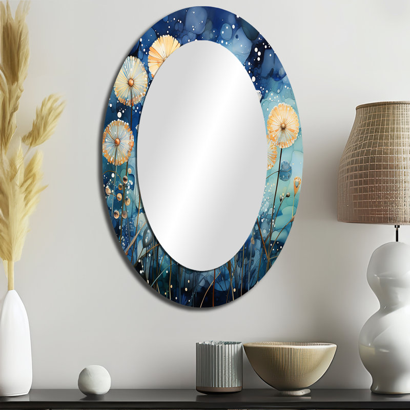 Blue Dandelion Field Pointillism Dot II - miroir pissenlit, miroir mural décoratif traditionnel, impression d'art en métal