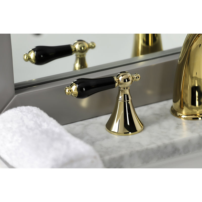 Kingston Brass Duchess Two-Handle 3-Hole Deck Mount Widespread Bathroom Faucet with Brass Pop-Up Drain, Polished Brass