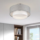 3 Light Brushed Nickel Large Semi-Flush With Hand Crafted Urban Gray And White Fabric Hardback Shades