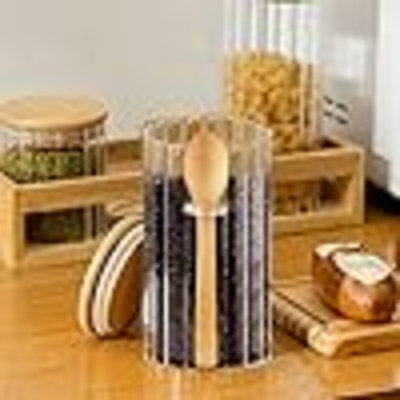 Grand pot en verre hermétique de 25 oz liq. Avec cuillères en bambou Couvercle pour avoine de nuit Bar à café décoratif Pot de rangement des aliments Noix de céréales Sels café Thé Farine Sucrier Pot à épices