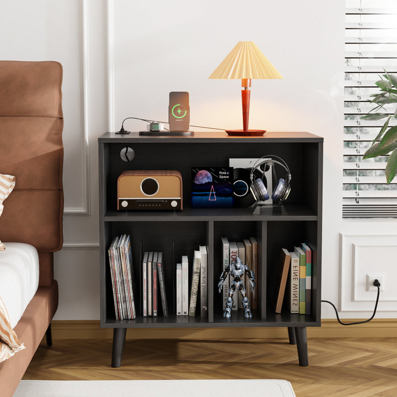Mathea Record Player Stand with Open Storage with LED Light up to 300 Albums, Black