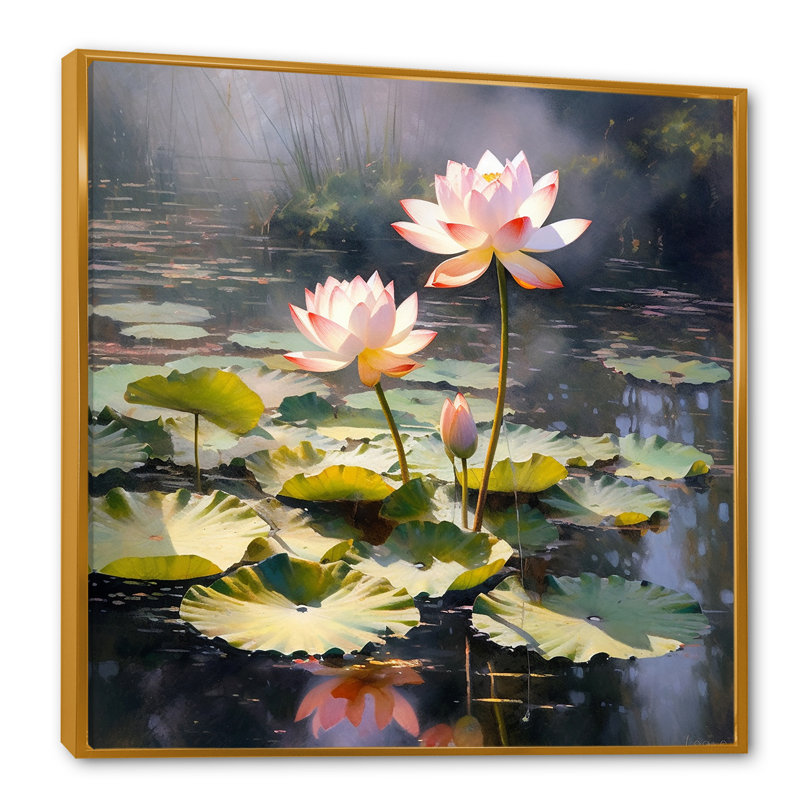 Aquarelle de lotus de sagesse sur toile, Cadre flottant doré, 16" H x 16" W
