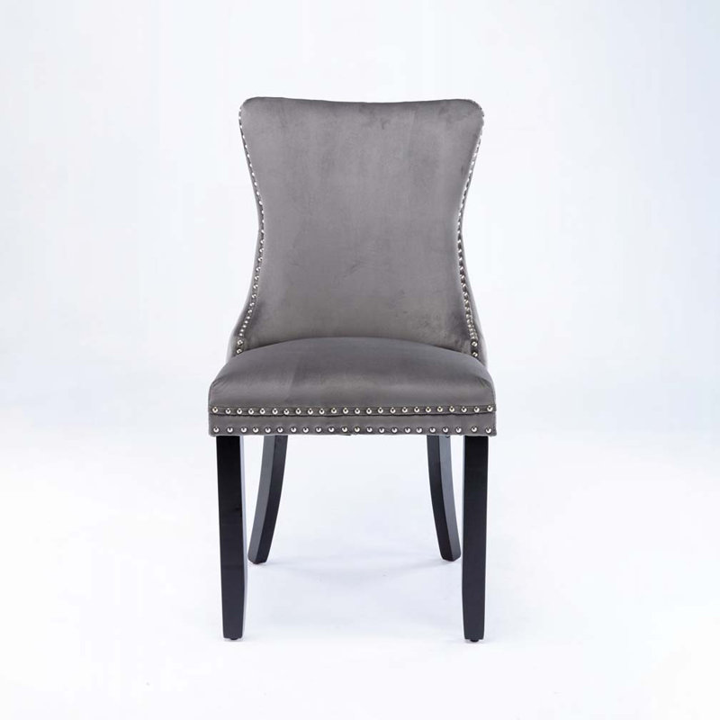 Ensemble de chaises de salle à manger rembourrées en velours avec dossier capitonné, pieds en bois, Gris, Noir