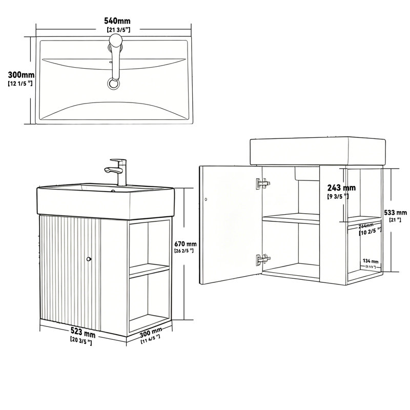 Meuble-lavabo flottant 21,6 po avec lavabo, porte à fermeture en douceur, lavabo en céramique, contreplaqué, Grey